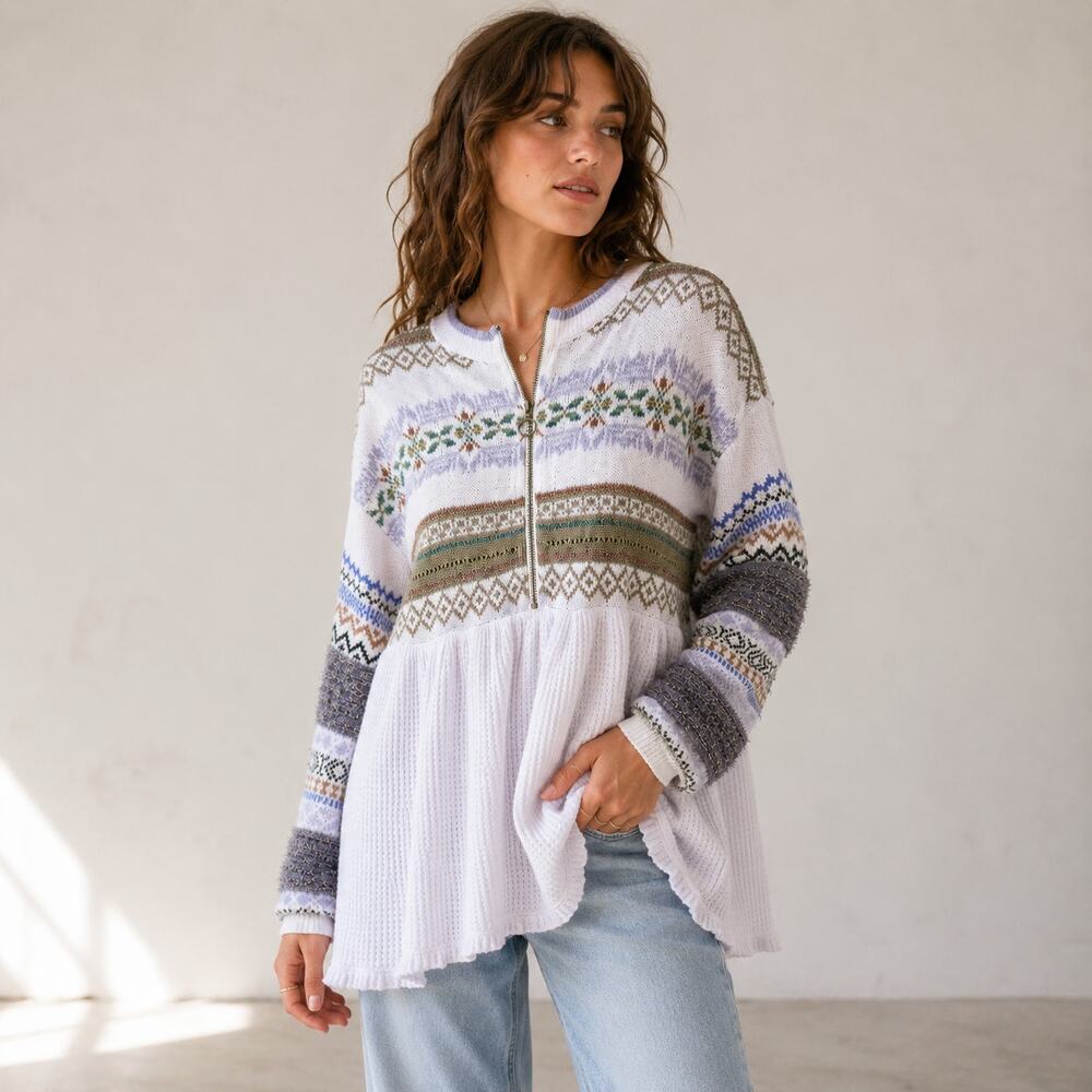Free People Cozy Cottage Fair Isle Half Zip Sweater Tunic Large